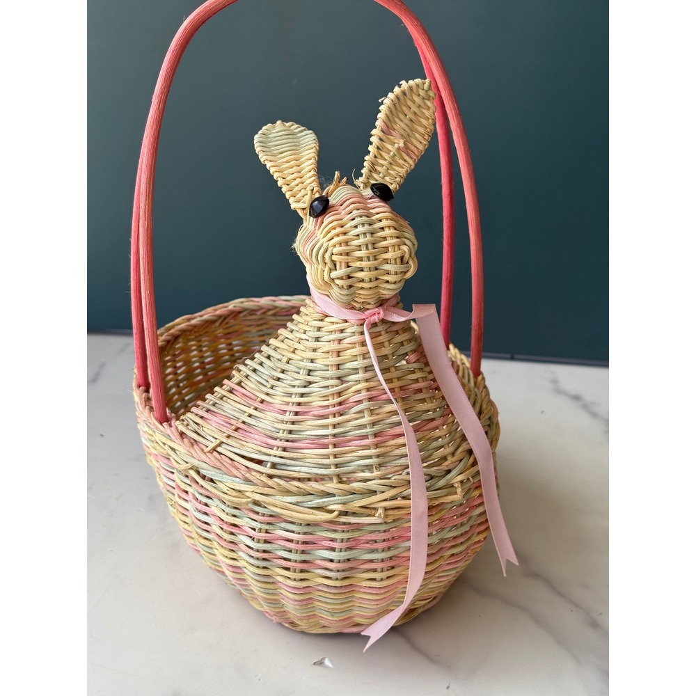 Vintage Pastel Wicker Bunny Easter Basket Pink Yellow Green Woven Rabbit Decor
